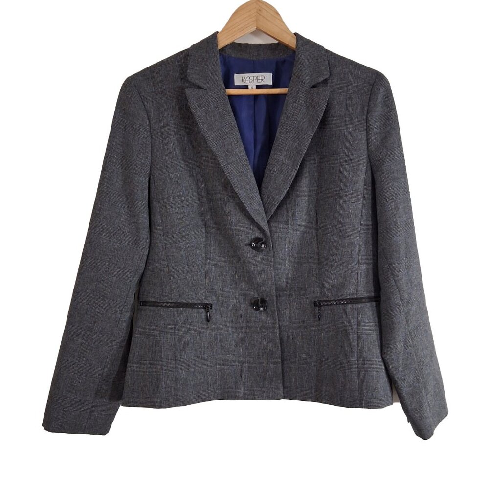KASPER Houndstooth Blazer Zipper Pockets Size 12 Black Blue Office Classic